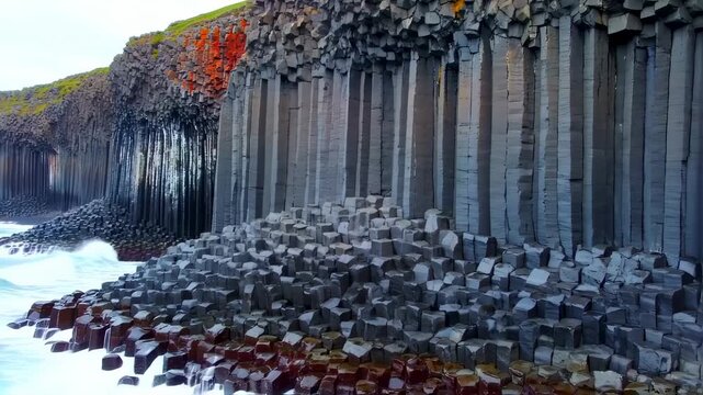 Dark basalt columns and rocks by the ocean