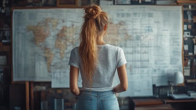 The Navigator's Vision: A woman with a vision gazes intently at a world map, dreaming of adventures and destinations unknown, a symbol of exploration and wanderlust.