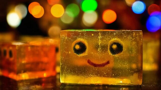 Close up of a cheerful yellow jelly cube with a smiling face and bokeh lights.