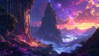 Futuristic city nestled in vibrant, mystical mountain range at sunset