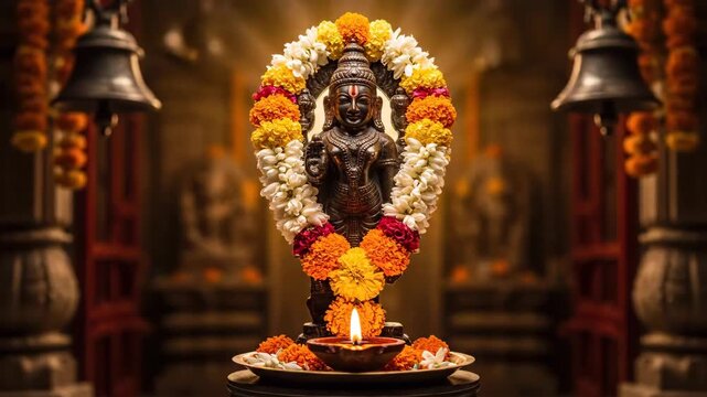 Divine healer lord dhanvantari idol with auspicious diya lamp and floral garland for dhanteras diwali pooja celebration