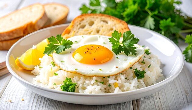 Sunny-side up egg atop fluffy rice, lemon, and parsley