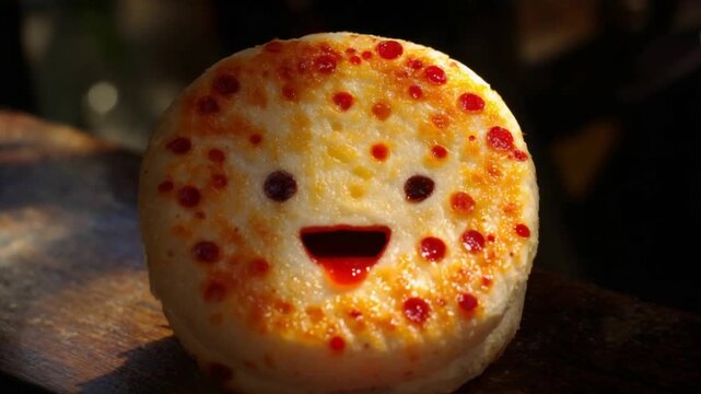 Adorable Crumpet Character with Red Jam Face Smiles Joyfully.