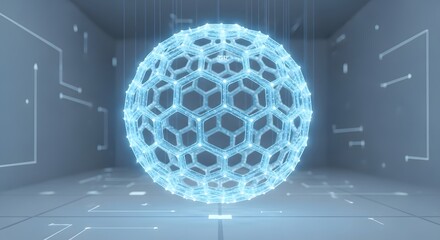 A futuristic sphere with a hexagonal pattern floats in a geometric room