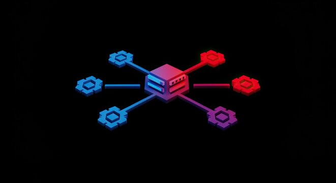 Isometric illustration of a central server connected to multiple peripheral devices, glowing.