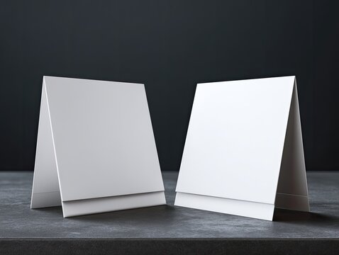 Two blank, white, tabletop signs - Powered by Adobe