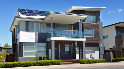 Fototapeta premium A modern house with integrated solar panels, representing sustainable living and architecture.