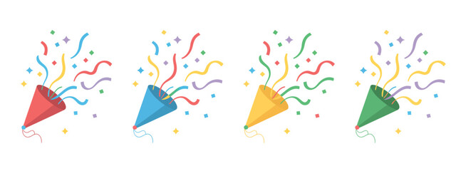 Party Icon Set – Colorful Confetti Popper Illustration Collection – Vector Celebration Symbols for Event, Holiday, Birthday, and Festival Designs – Fun Festive Graphics Pack