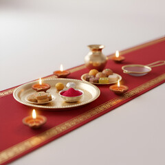ultra realistic festive karva chauth background with blurred thali and diya lamps