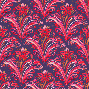 Seamless watercolor pattern. Stylized floral feathers with folk art elements. Vibrant hand-drawn print on dark background. Drawing with paints on paper.