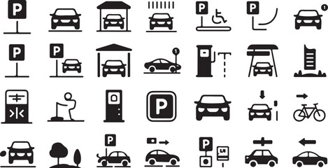 Collection of black and white vector icons representing parking and transportation elements sign