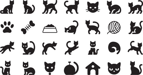 Collection of black cat silhouettes and pet accessories icons animal