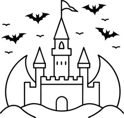 fantasy castle with dragons flying around illustration on transparent background