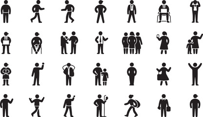 Collection of black silhouette icons depicting diverse human figures and activities people