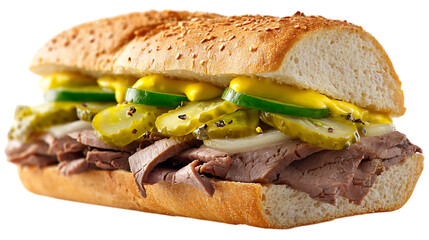 Roast beef sandwich with pickles and mustard on white background. 