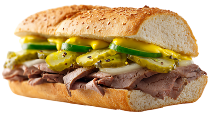 Roast beef sandwich with pickles and mustard on white background. 