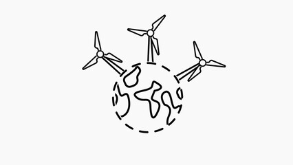 White outline of three wind turbines surrounding a stylized globe on a white background Keywords: wind turbines, globe, earth, planet, renewable energy, wind power, clean energy, sustainability