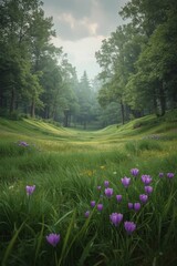 Misty Forest Valley with Purple Flowers and Tall Trees
