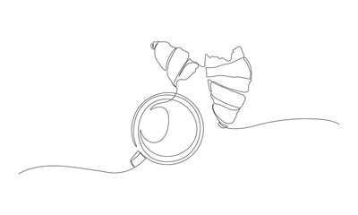 Obraz premium cup of coffee or tea and croissant continuous one line drawing, editable stroke