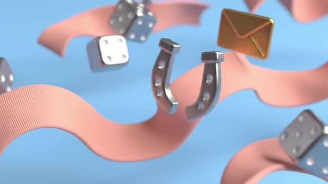 A hyperreal peach ribbon undulates over metallic lucky icons: a horseshoe, dice, and a golden envelope. Each charm shimmers and glows on a clean, powder blue background, perfect for modern branding.