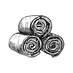 Sketch illustration of rolled towels. Towels, bath, hotel. Outline drawing in engraving style. Hand-drawn vector line art clipart, isolated