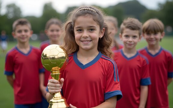 Young football team holding trophy after victory. High quality - Powered by Adobe