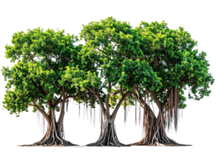 Lush, interconnected fig trees with vibrant green foliage and sprawling aerial roots against a black background