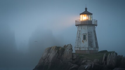 Lonely lighthouse shines its guiding light through dense coastal fog at dusk.