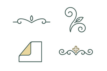 Minimalist graphic design elements including elegant scrollwork dividers, a leafy flourish, and a modern folded page icon