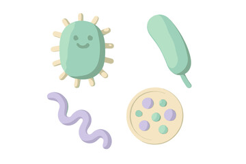 Adorable pastel colored microscopic organisms featuring friendly bacteria and various germ shapes for biology and health concepts