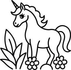 fantasy unicorn in flower field illustration on transparent background