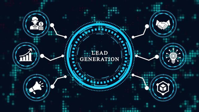 Digital concept illustration of lead generation with interconnected icons representing customer acquisition, growth, marketing, idea, and data security on a dark blue technological background