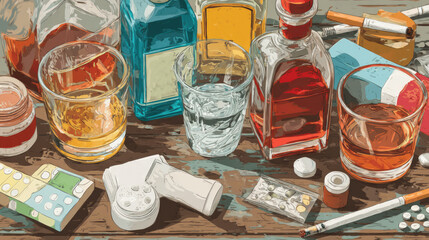 Medicines, cigarettes, glasses alcoholic drinks are on table. Scattered pills. Beverages, medications, bottles, unhealthy life, lifestyle choices. alcohol or medication awareness. Art illustration.