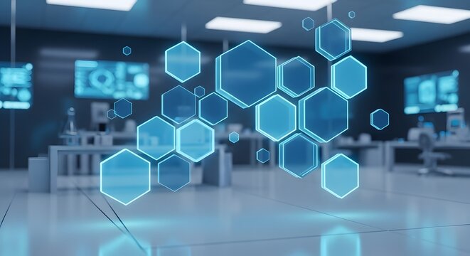 Floating blue hexagons in a modern laboratory create a futuristic atmosphere - Powered by Adobe