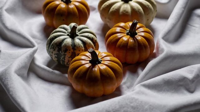 Dynamic arrangement of mini pumpkins on elegant fabric display