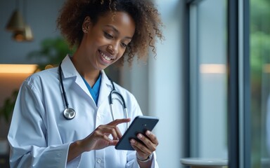 Young mixed race pharmacist using digital tablet. High quality