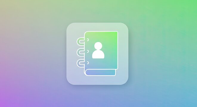 Digital contact book icon with frosted glass effect on a colorful background.