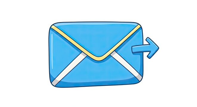 Cartoon illustration of a blue envelope with a yellow border and an outgoing arrow.
