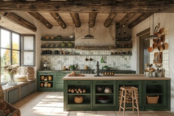 3d rendering of a green and beige rustic country kitchen with white tiles, an island and wood logs on ceiling