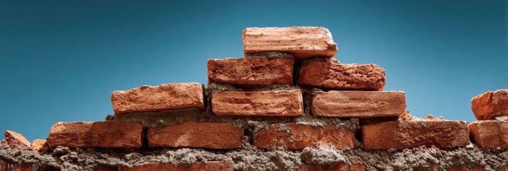 Brick Wall Construction With Stacked Red Bricks Under a Clear Blue Sky