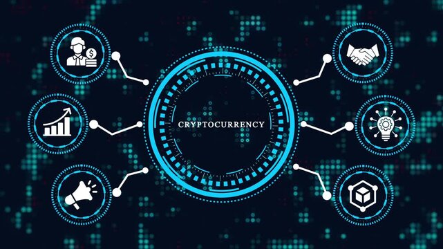 Digital concept of cryptocurrency system with interconnected icons representing business, growth, marketing, agreement, idea, and security on a dark technological background