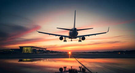 Sunset Landing Airplane Approaching Airport Runway with Vibrant Sky and Silhouette Building