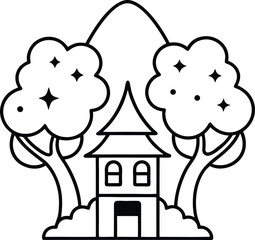 magical forest treehouse village coloring page illustration on transparent background