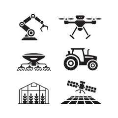 Vector art of collection of agricultural technology icons including a robotic arm, drone, spreader, tractor, greenhouse, and satellite