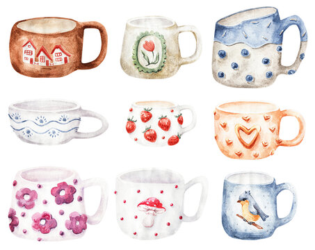 Watercolor collection of cozy mugs. Cute hand painted ceramic cups with floral and fruit patterns. Ideal for kitchen prints, stickers or greeting cards.
