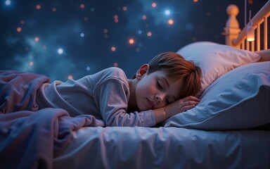 Cute little boy sleeping in his galaxy bedroom. High quality