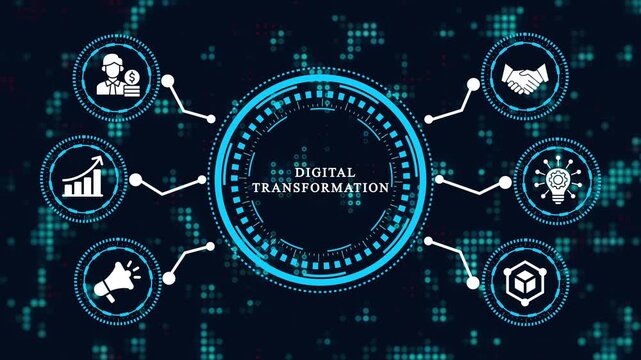 Conceptual image of digital transformation with a central glowing blue hub connected to various business function icons against a dark, pixelated technological backdrop