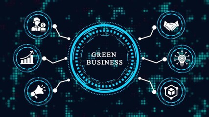 Green business concept with icons representing various aspects of sustainable practices, including renewable energy, waste reduction, and environmental responsibility for ecofriendly operations - Powered by Adobe