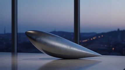 Sleek, modern sculpture rests on a surface with a cityscape visible through a large window at dusk.