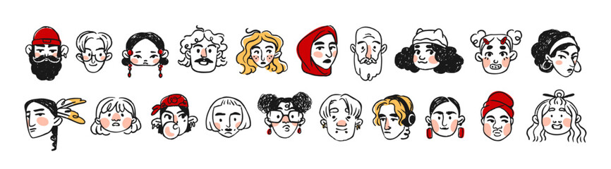 Set of doodle avatars of happy men and women. Outline portraits of diverse people. Heads with funny faces for user profiles. Flat isolated hand drawn vector illustrations on a white background